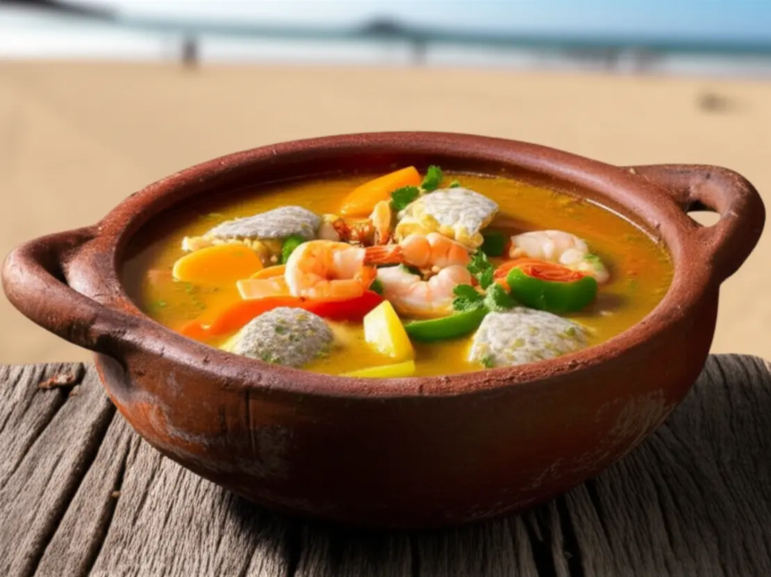 Prato de peixada potiguar servido em uma panela de barro na beira da praia.