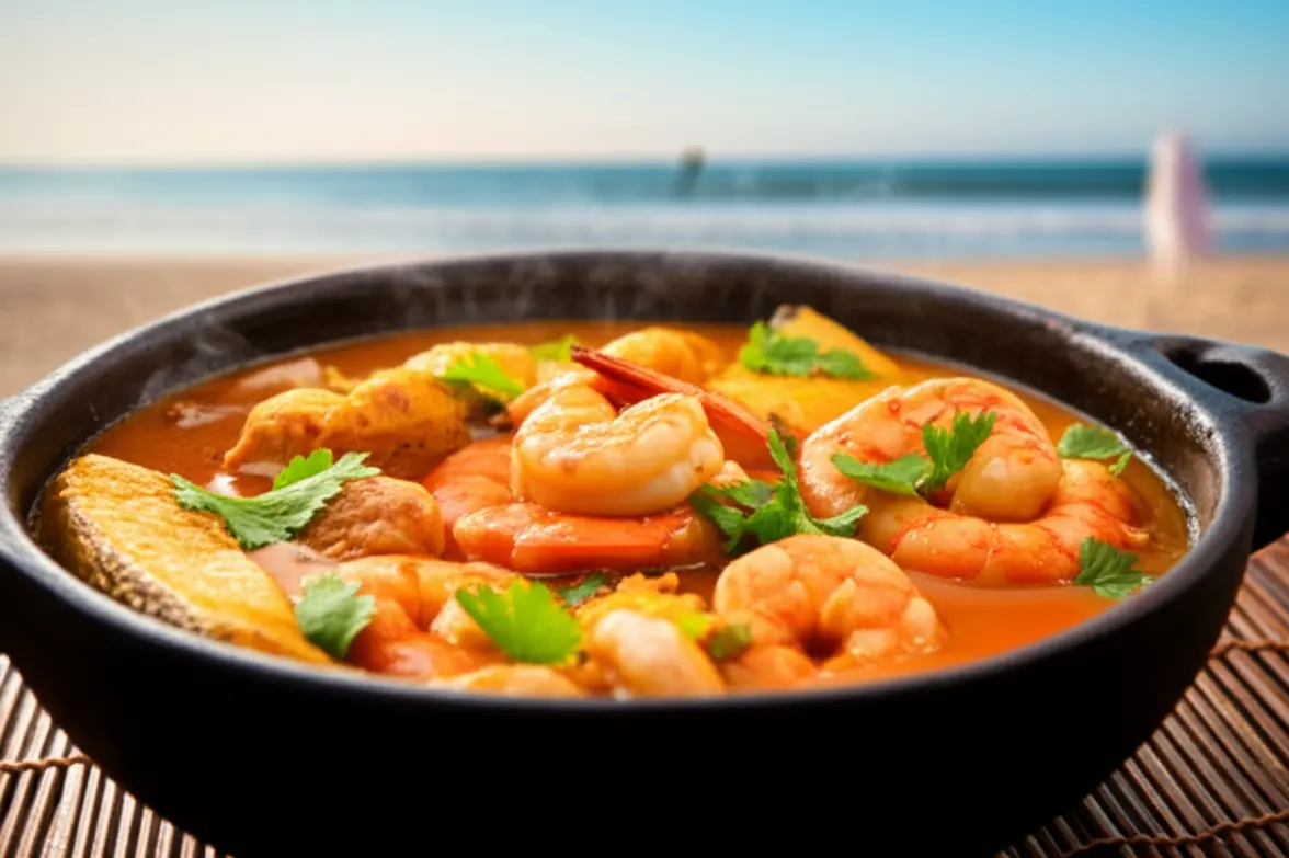 Prato de moqueca caiçara servido em panela de barro fumegante em uma mesa de frente para o mar.