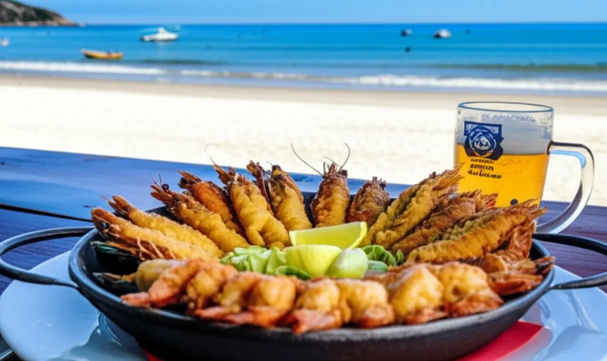 Prato de sequência de camarão em restaurante com vista para o mar.