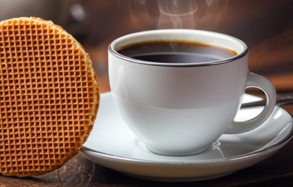 Biscoito Stroopwafel holandês sobre uma xícara de café em uma confeitaria.
