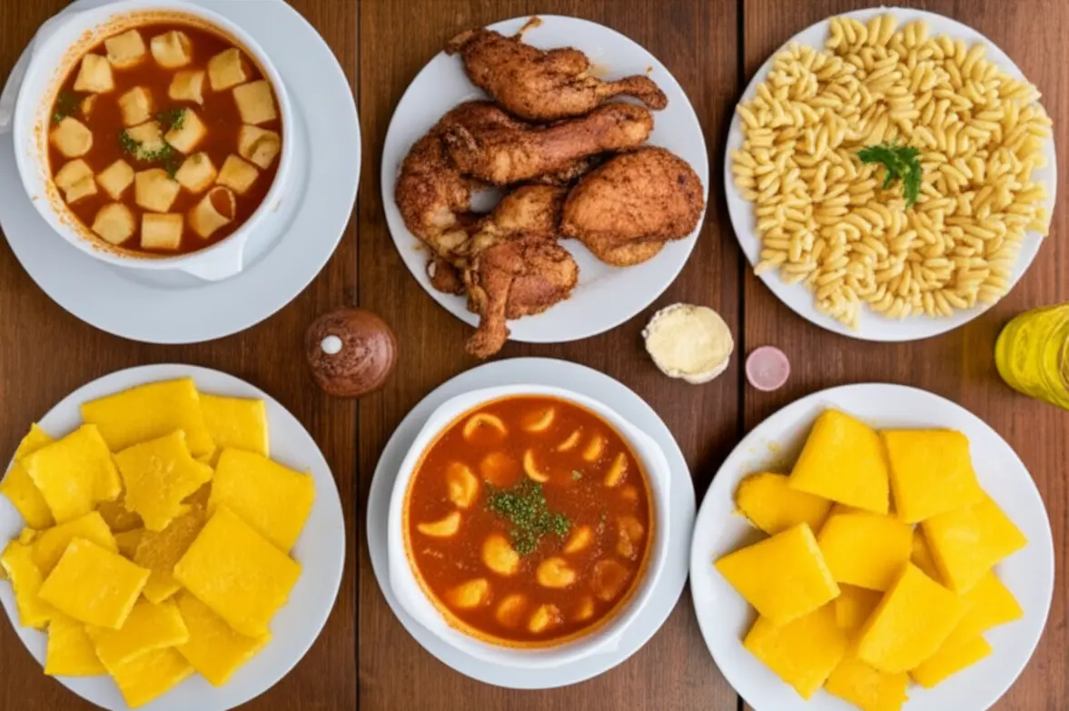 Mesa farta com pratos típicos italianos-gaúchos, como galeto e polenta.