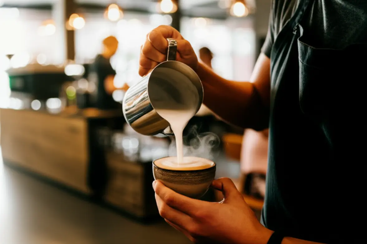Barista preparando um café especial em uma cafeteria moderna de Londrina.