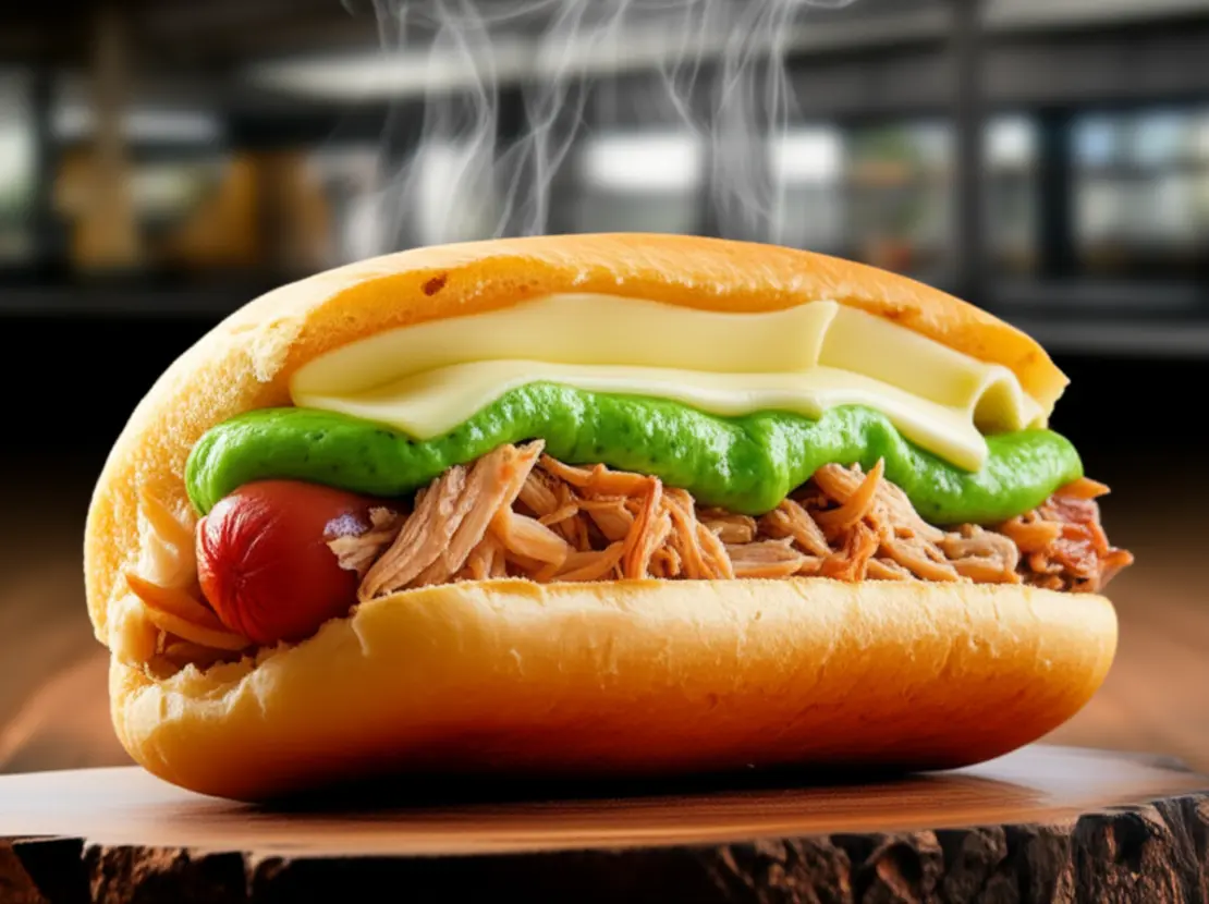 Detalhe de um generoso cachorro-quente prensado típico de Maringá.