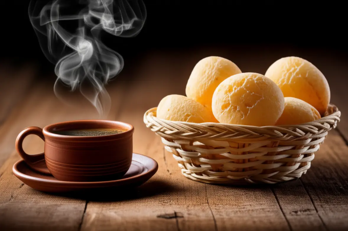Café mineiro coado e pães de queijo frescos sobre uma mesa rústica de madeira.