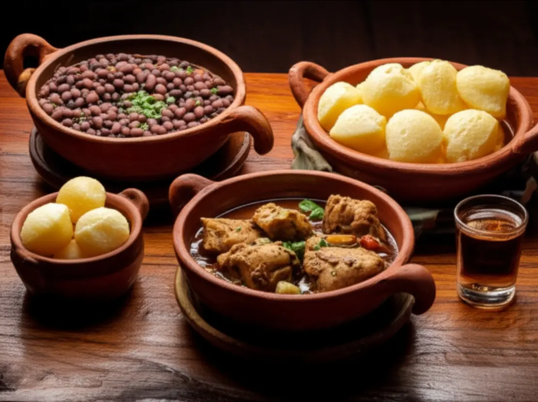 Foto realista de uma mesa de restaurante com pratos da culinária mineira em Ouro Preto.