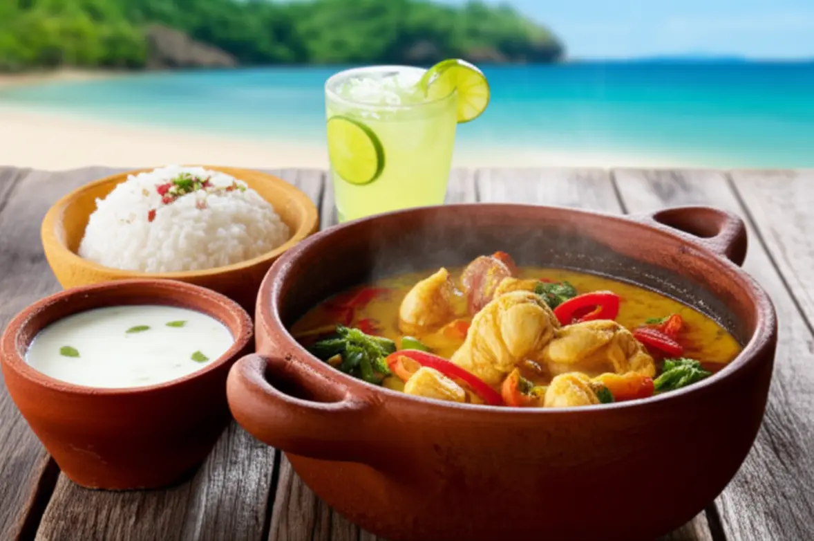 Prato de Moqueca de peixe e camarão com caipirinha, servido em uma praia de Angra.