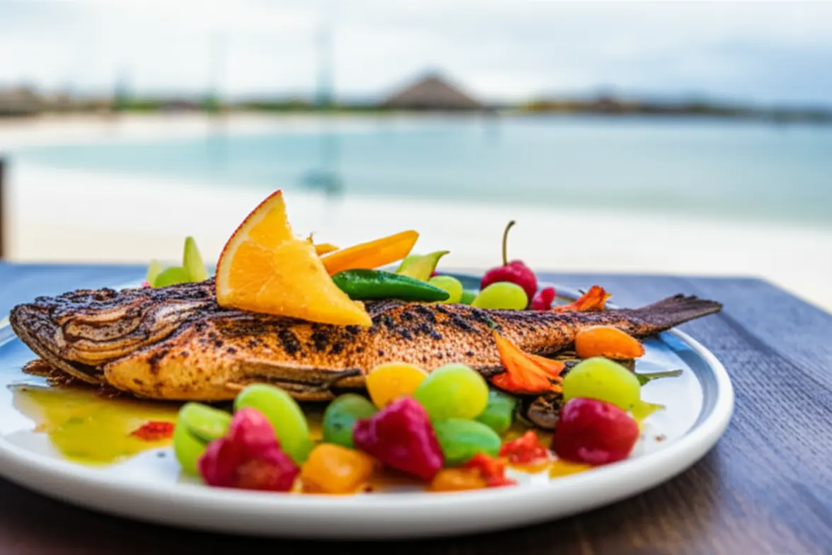 Prato de peixe na brasa em restaurante de praia de Jericoacoara.