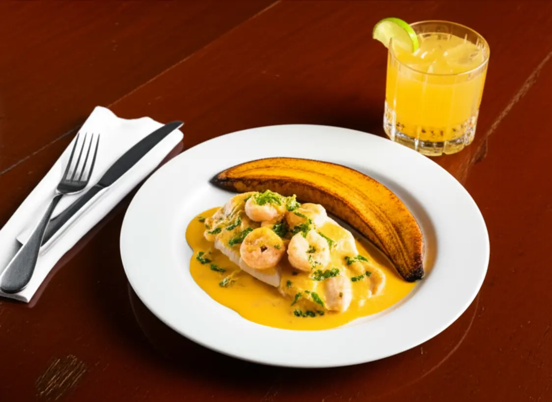 Prato de Peixe com Banana, prato típico de Paraty, e um drink Jorge Amado.