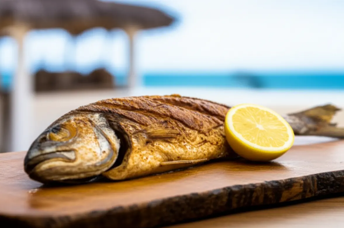 Peixe fresco na brasa, prato típico de frutos do mar em Cabo Frio.