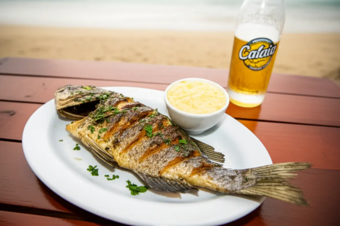Prato de peixe fresco na brasa, arroz e pirão, representando a gastronomia da Ilha do Mel.