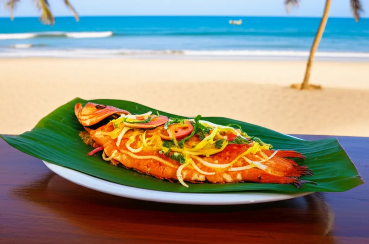 Prato de peixe com temperos e vista para o mar em São Miguel dos Milagres.