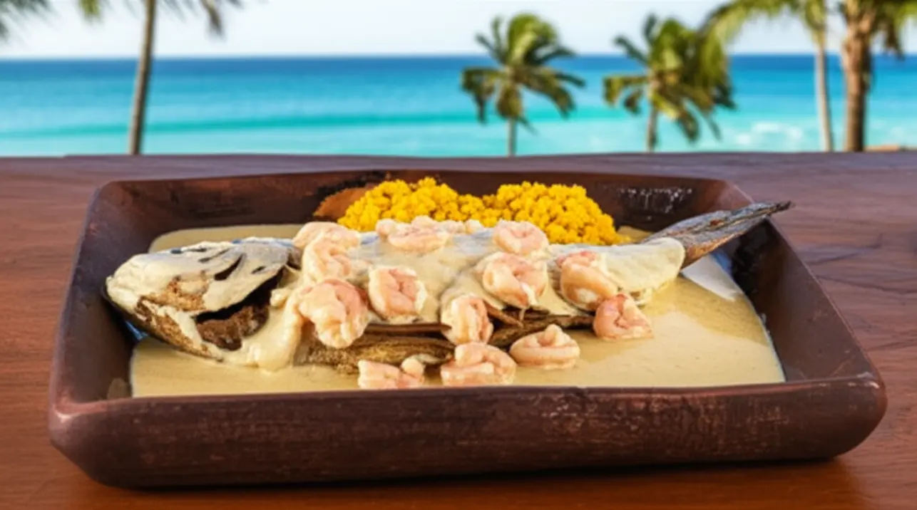 Peixe na telha, prato de frutos do mar típico de Alagoas, em foco na mesa de um restaurante.