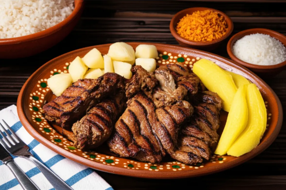 Prato típico de carne de bode assada servido com macaxeira e feijão tropeiro no Bodódromo.