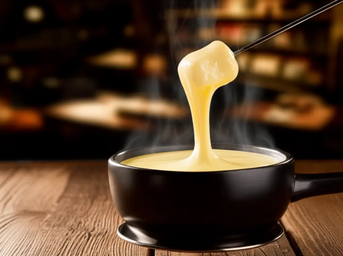 Mesa de restaurante em Teresópolis com fondue de queijo, acompanhamentos e uma taça de vinho.