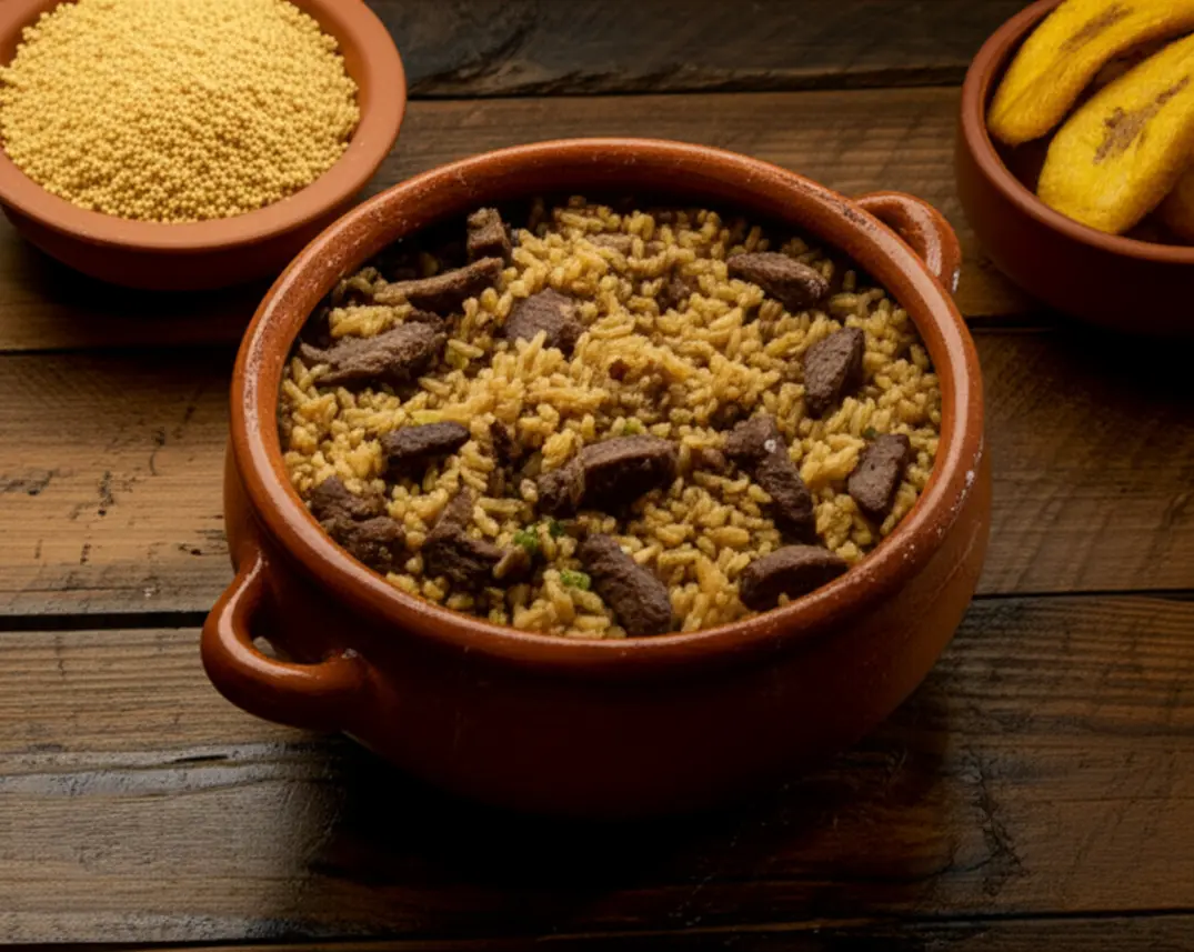 Prato de Maria Isabel com carne de sol e acompanhamentos típicos do Maranhão.