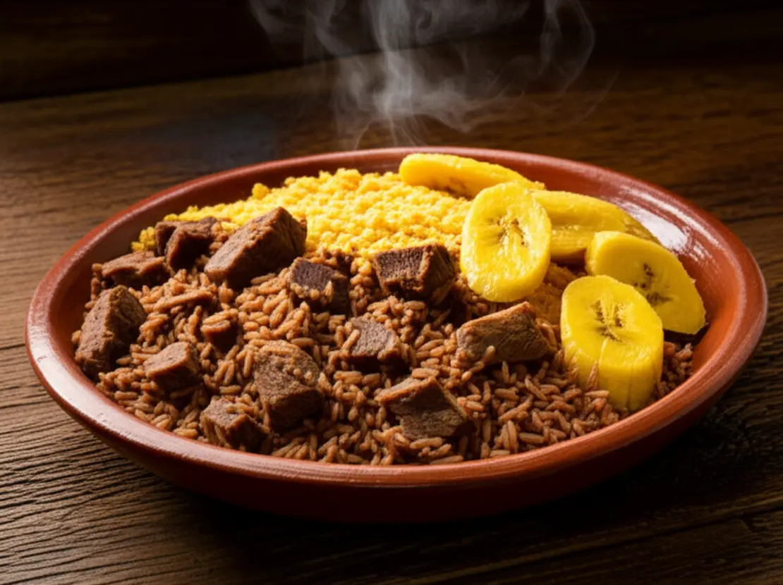 Prato de Maria Izabel com arroz, carne de sol e farofa de banana servido em uma mesa rústica.