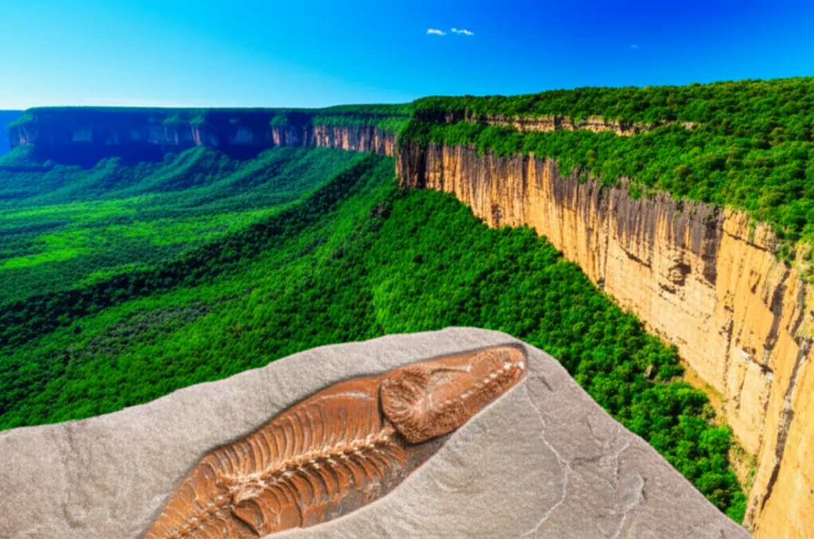 Paisagem da Chapada do Araripe com destaque para fósseis da região.