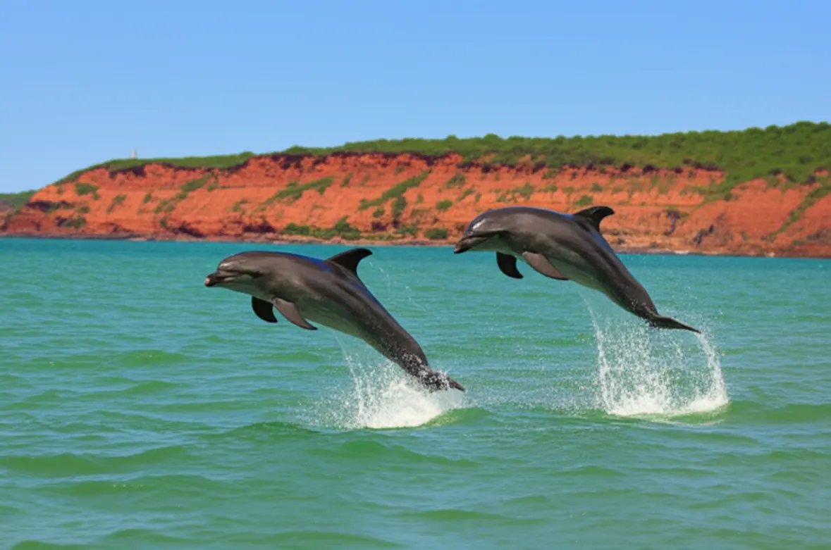 Golfinhos pulando no mar verde da Baía dos Golfinhos com falésias ao fundo.