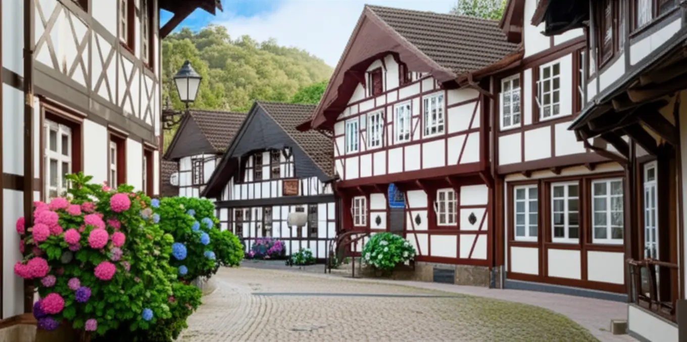 Rua charmosa de Gramado com arquitetura bávara e hortênsias.