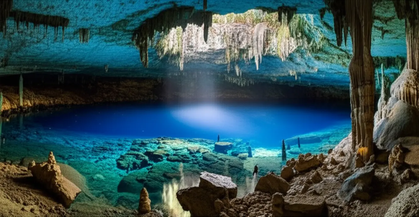 Lago subterrâneo de cor azul intensa dentro da Gruta do Lago Azul em Bonito.