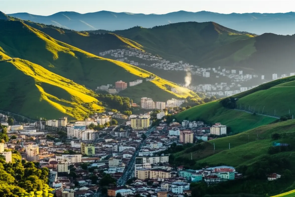 Vista panorâmica da cidade de Nova Friburgo com montanhas ao fundo.