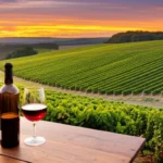 Vinhedos verdes em São Roque com uma taça de vinho tinto em destaque ao entardecer.