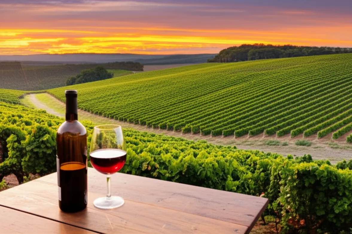 Vinhedos verdes em São Roque com uma taça de vinho tinto em destaque ao entardecer.
