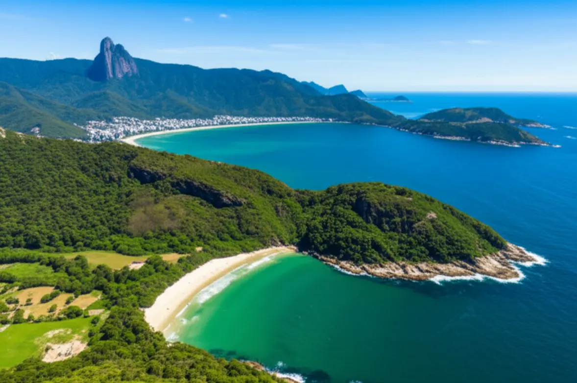 Vista aérea da costa de São Sebastião mostrando o encontro do mar azul com a mata verde.