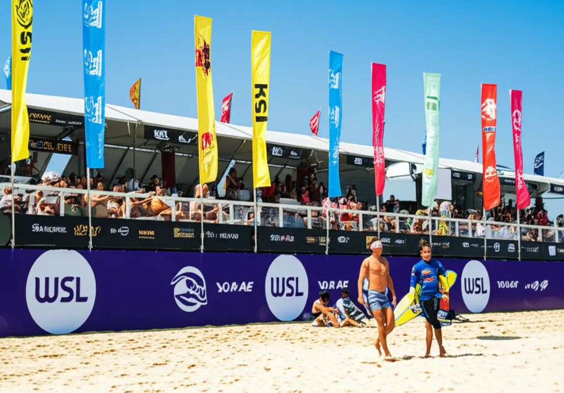 Estrutura do campeonato mundial de surf WSL na areia da Praia de Itaúna.