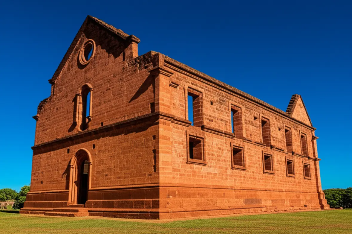 Vista frontal majestosa das ruínas da Igreja de São Miguel Arcanjo no Rio Grande do Sul.