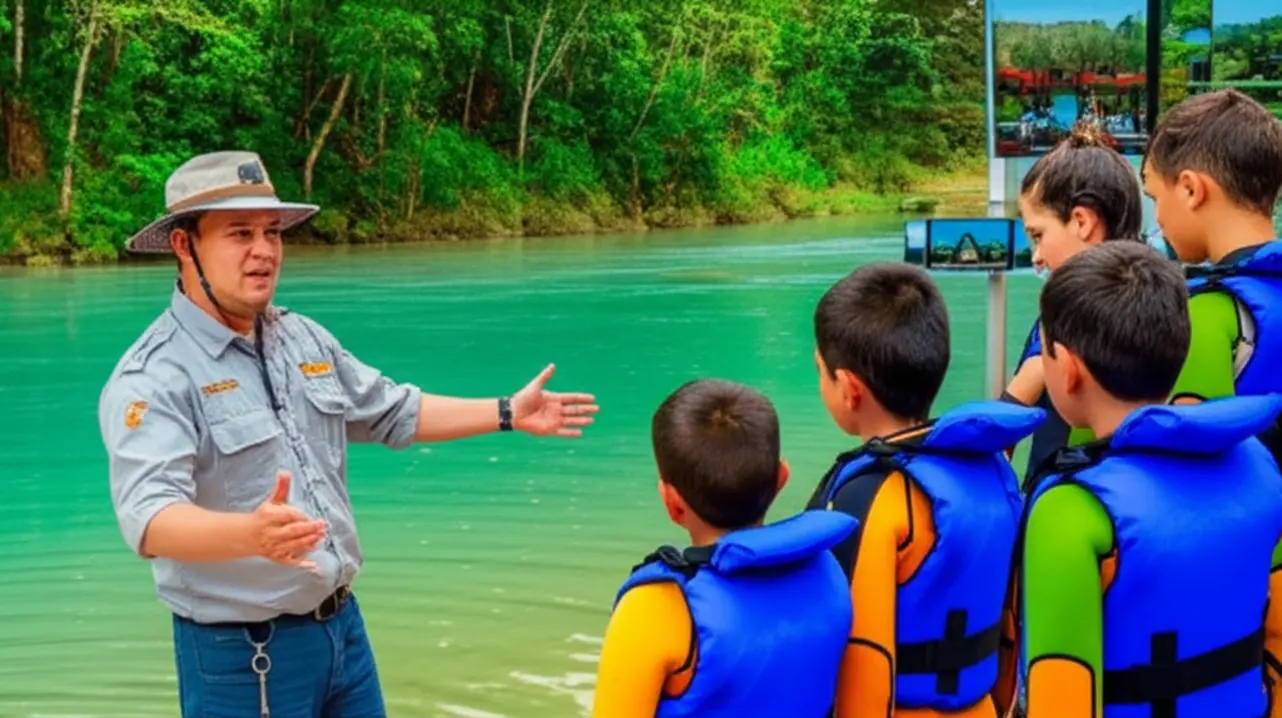 Guia credenciado instruindo turistas sobre regras de preservação e segurança antes de passeio aquático em Bonito.