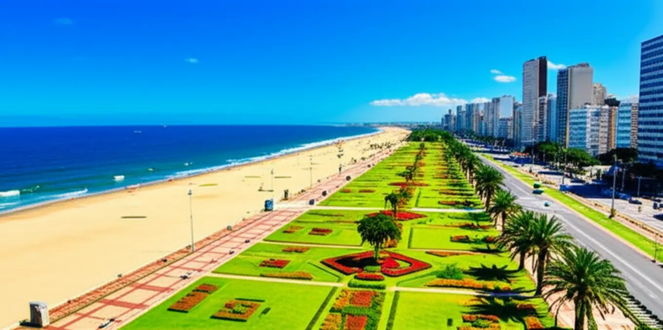 Panorama ensolarado da praia de Santos com jardins e prédios ao fundo.
