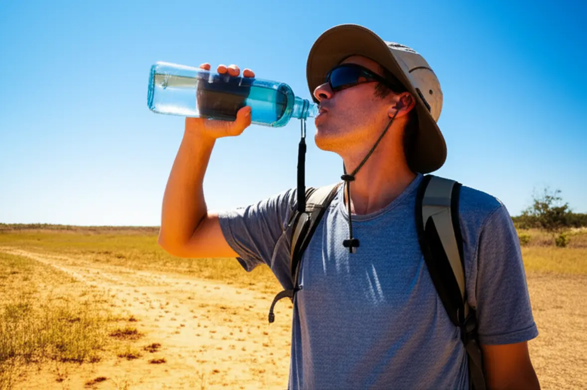Viajante com chapéu bebendo água em trilha ensolarada no Jalapão.