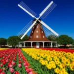 Moinho de vento gigante em Holambra cercado por flores coloridas sob o sol.