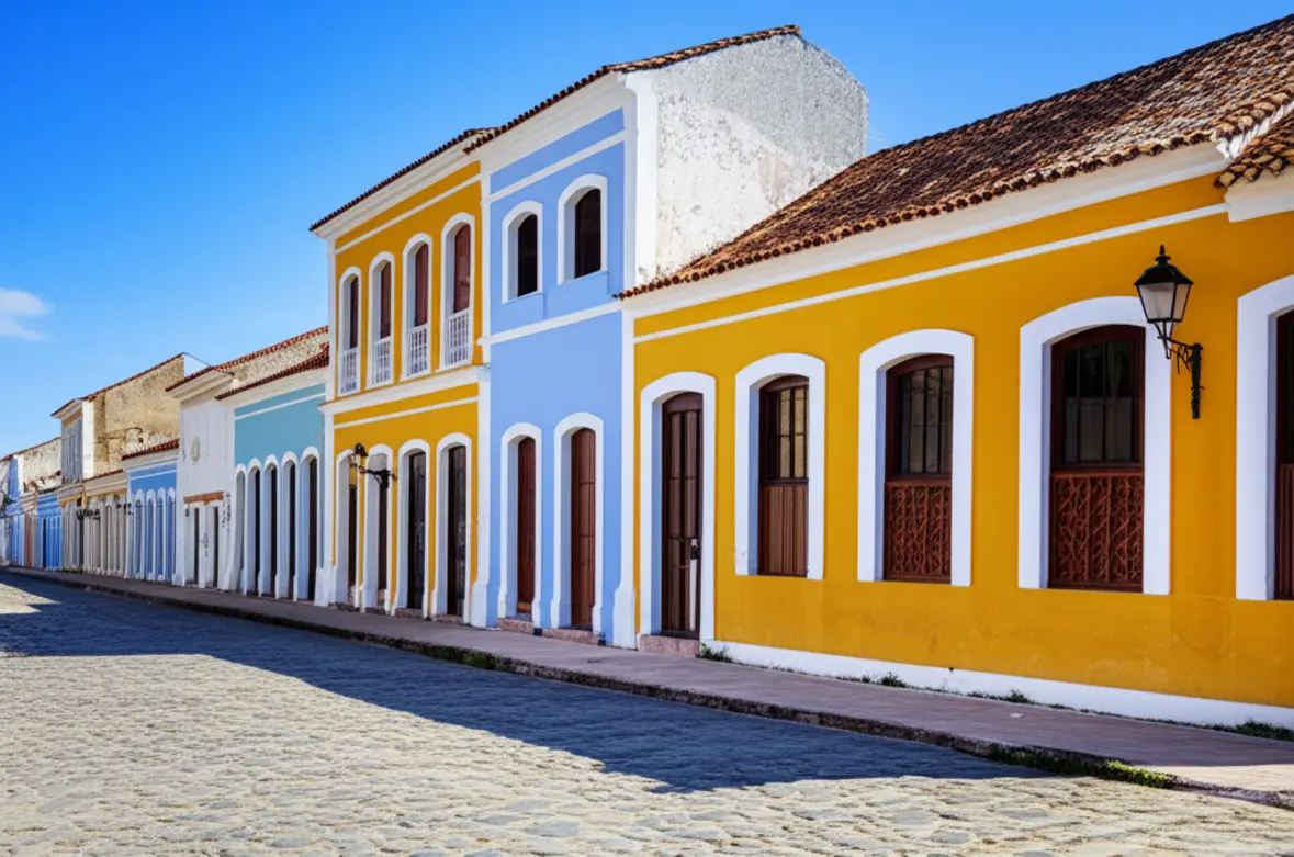 Fachada de um casarão colonial colorido no centro histórico de Carolina, Maranhão.