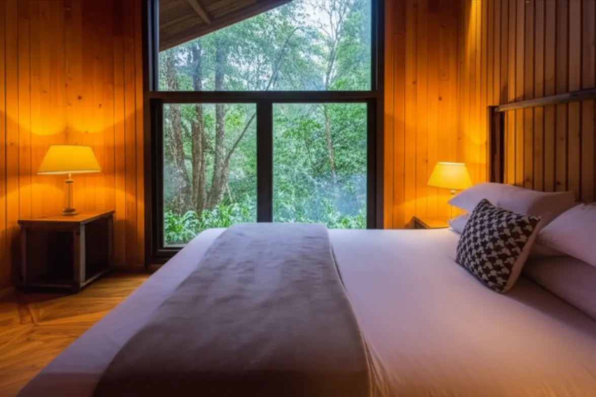 Quarto de chalé aconchegante com vista para a mata em São Roque.