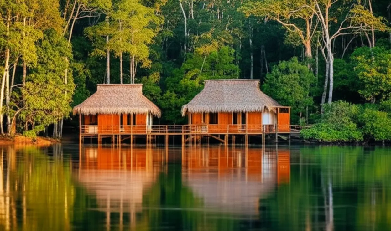Bangalô de hotel de selva na Amazônia sobre palafitas.