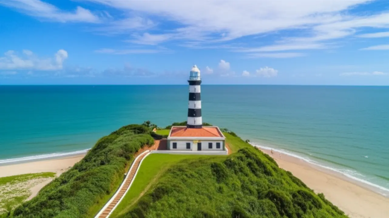 Farol das Conchas no topo do morro com vista para a praia e o mar azul na Ilha do Mel.