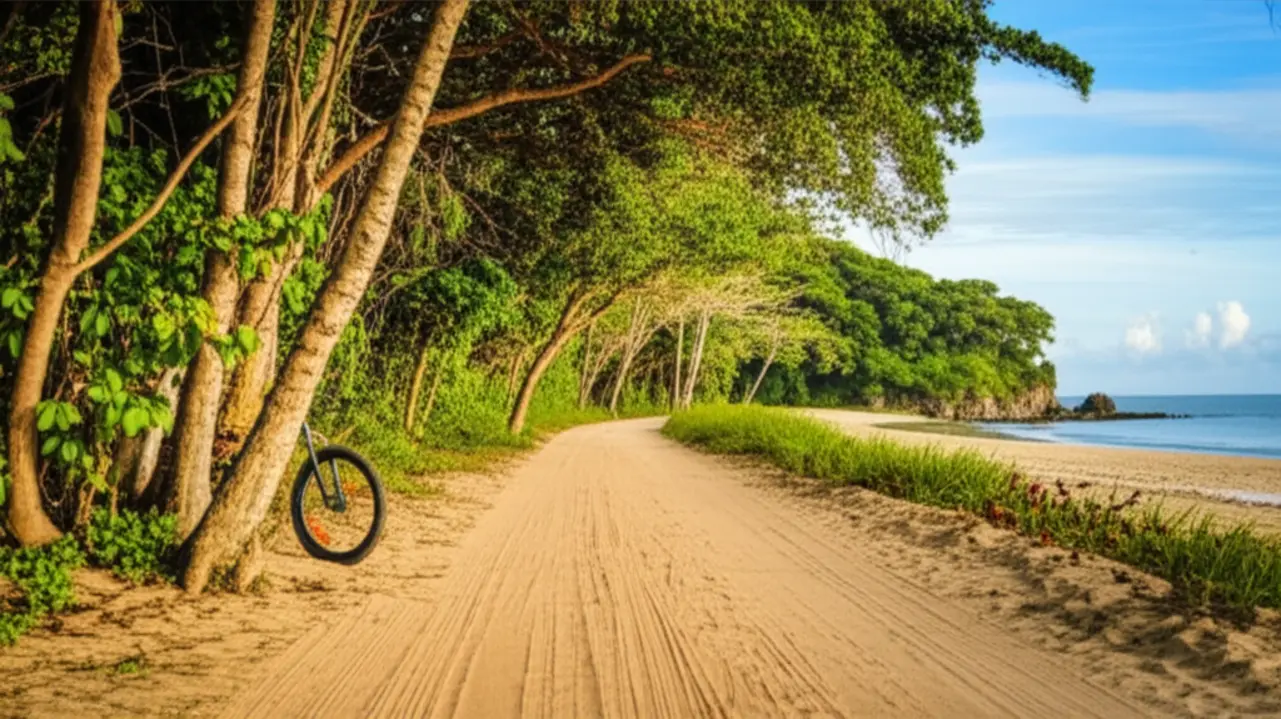Caminho de areia na Ilha do Mel ladeado por Mata Atlântica e uma bicicleta, ilustrando um destino sem carros.