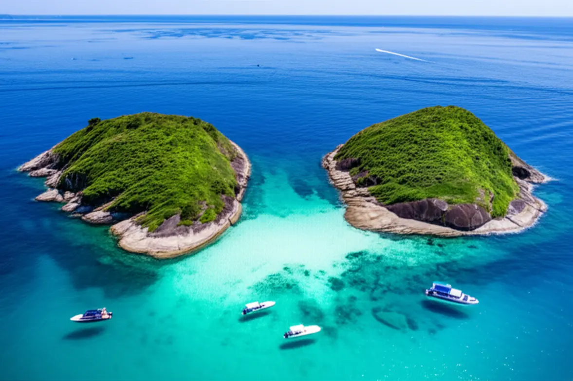 Ilhas Botinas com lanchas em águas turquesa, representando o roteiro de 5 dias em Angra.
