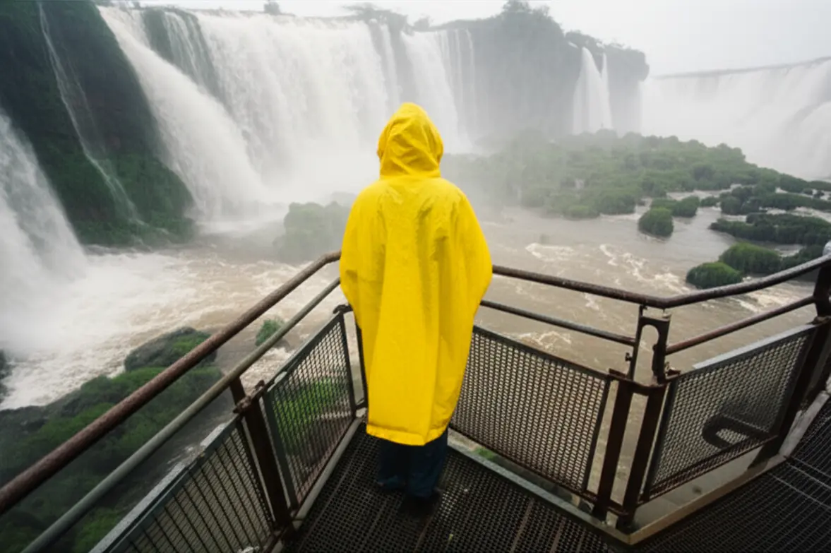 Passarela molhada próxima a uma queda d'água intensa no Parque Nacional Iguazú.