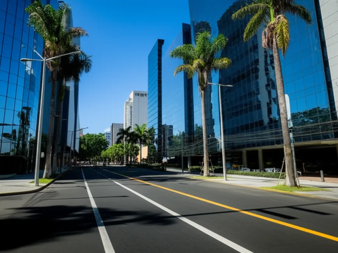 Avenida moderna e arborizada no bairro Goiabeiras em Cuiabá sob um céu azul sem nuvens.