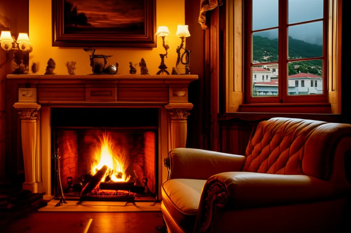Interior de pousada em Petrópolis com lareira acesa e clima de serra.