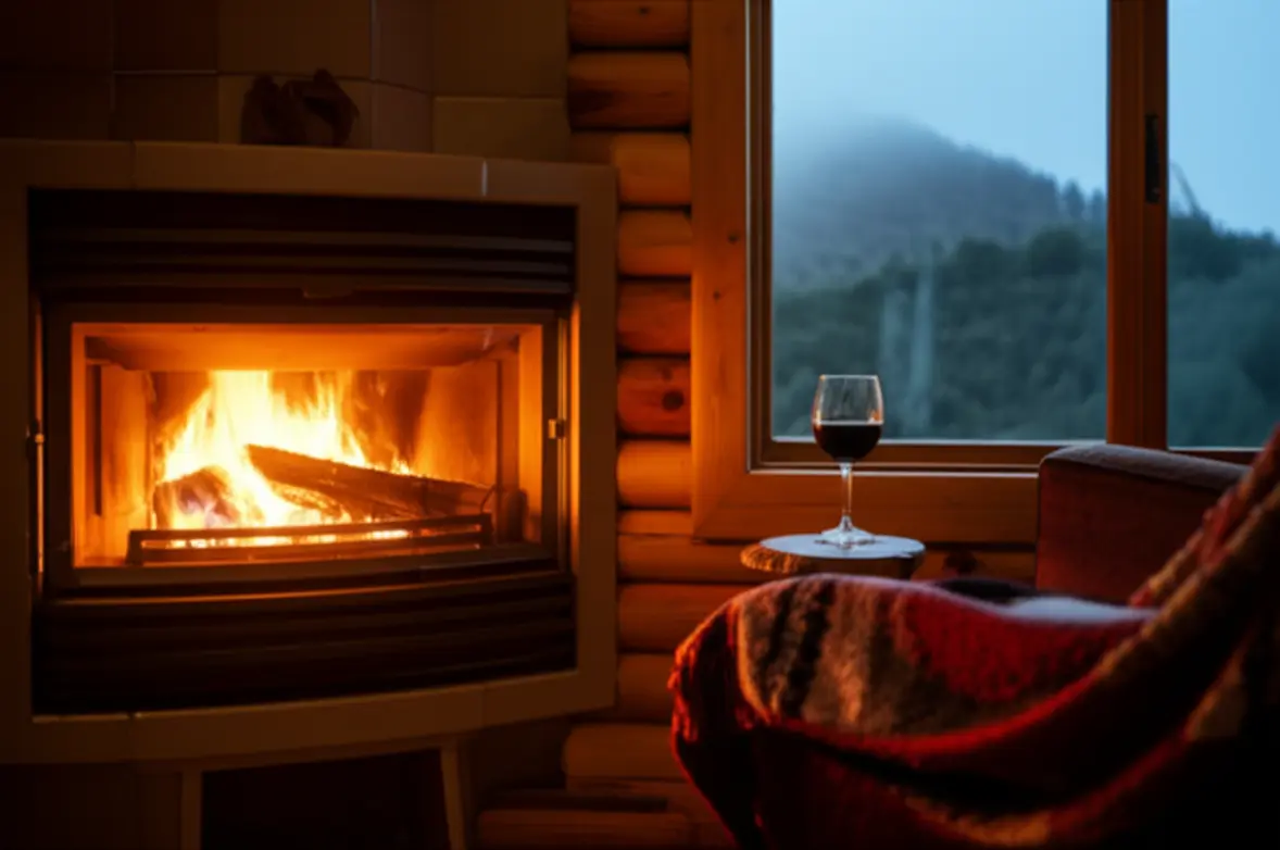 Cena de lareira e vinho em chalé de montanha.