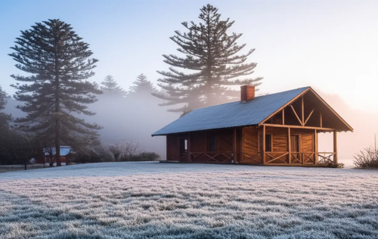 Campo coberto de geada branca em Lages durante o inverno serrano.