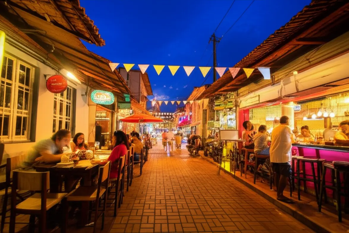 Vista noturna e charmosa da Rua da Pituba, centro de Itacaré.
