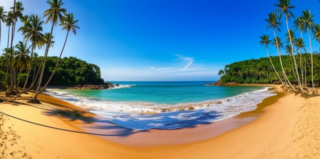 Vista panorâmica da Prainha em Itacaré, Bahia, com coqueiros e mata atlântica.