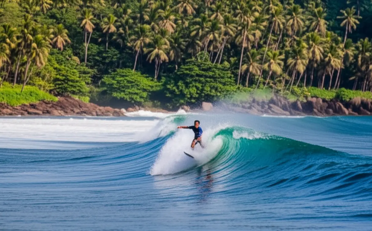 Surfista em ação pegando uma onda na Praia da Tiririca, Itacaré.