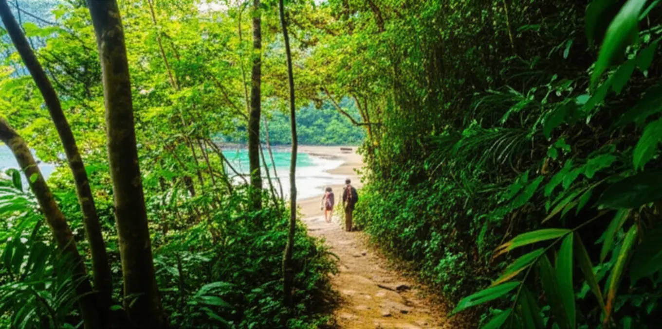 Pessoas fazendo trilha na Mata Atlântica em Itacaré.