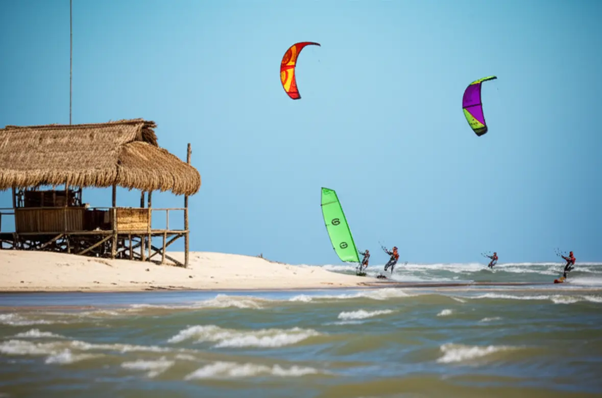 Cena de kitesurf na praia de Atins com pipas coloridas e o mar agitado.